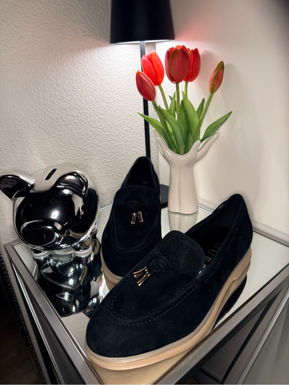 Women’s Black Suede Slip-On Loafers with Tan Sole